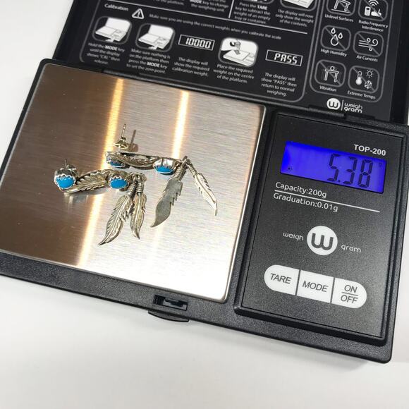 Running Bear Trading Sterling Silver Turquoise Sawtooth Bezel Feather Earrings - Picture 3 of 12